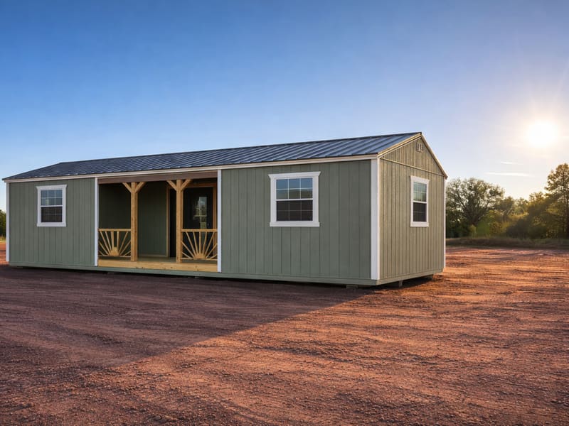A lofted barn-style shed delivered and set in place on a dirt lot