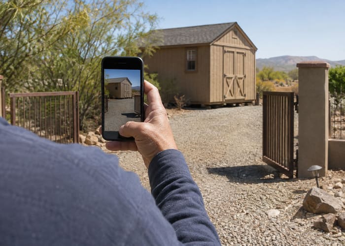 Customer photographing a shed and the driveway gate for an accurate quote