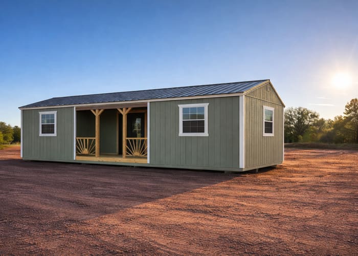 A finished shed placed and leveled on a customer's property